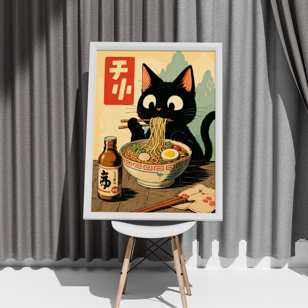 Black Cat Eating Ramen Poster, Japanese Style Wall Art, Cute Cat Noodle Print
