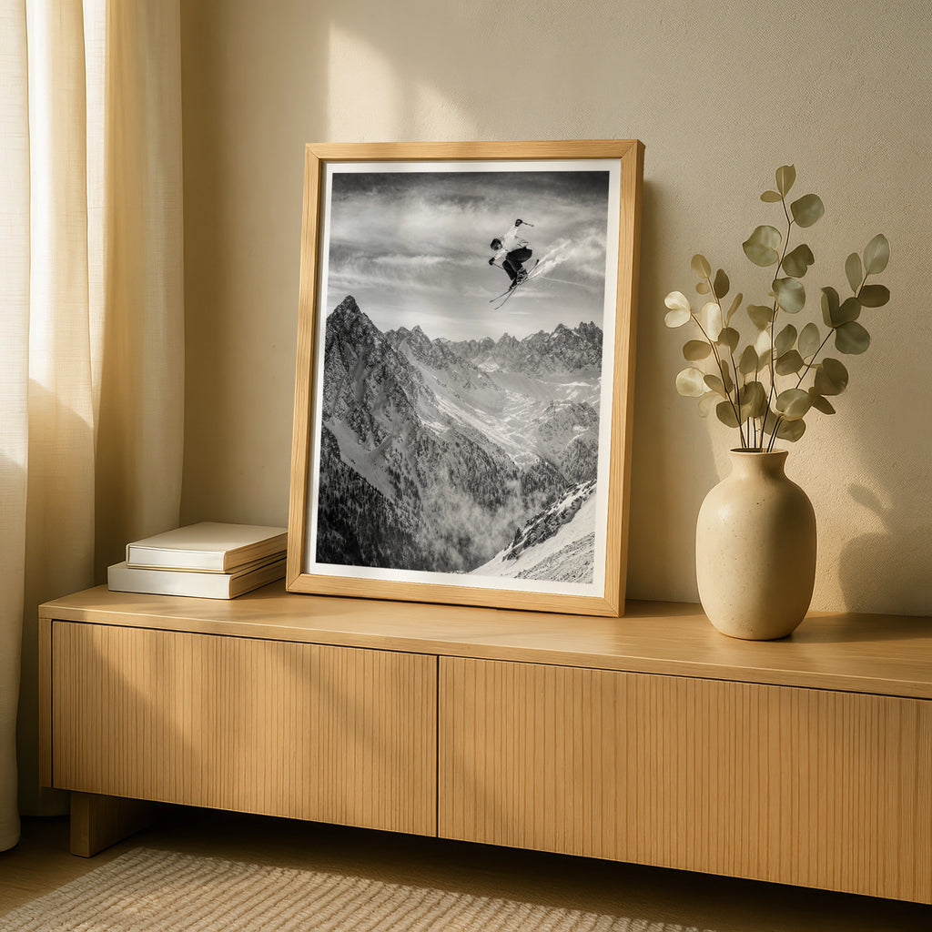 Skiing Jump Poster, Black White Mountain Wall Art, Skier Print, Snow Sports Decor
