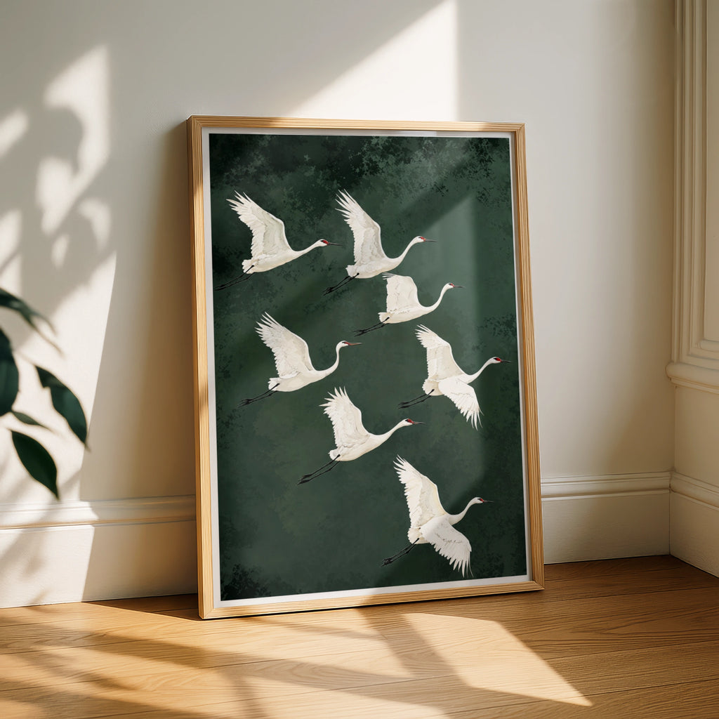 Flying Cranes Poster, White Crane Flock Wall Art, Dark Green Bird Print, Nature Wildlife Decor