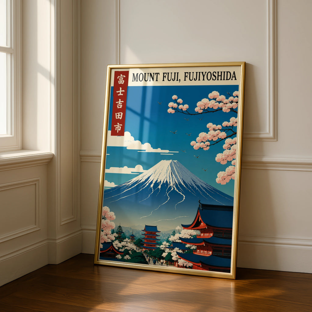 Mount Fuji Poster, Fujiyoshida Japan Travel Print, Cherry Blossom Wall Art