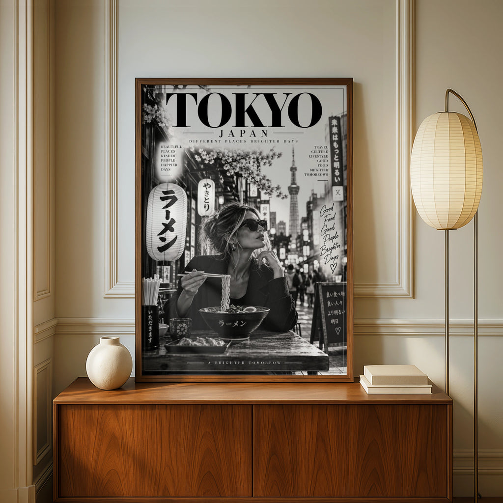 Tokyo Japan Travel Poster, Black White Ramen Print, Japanese Street Wall Art