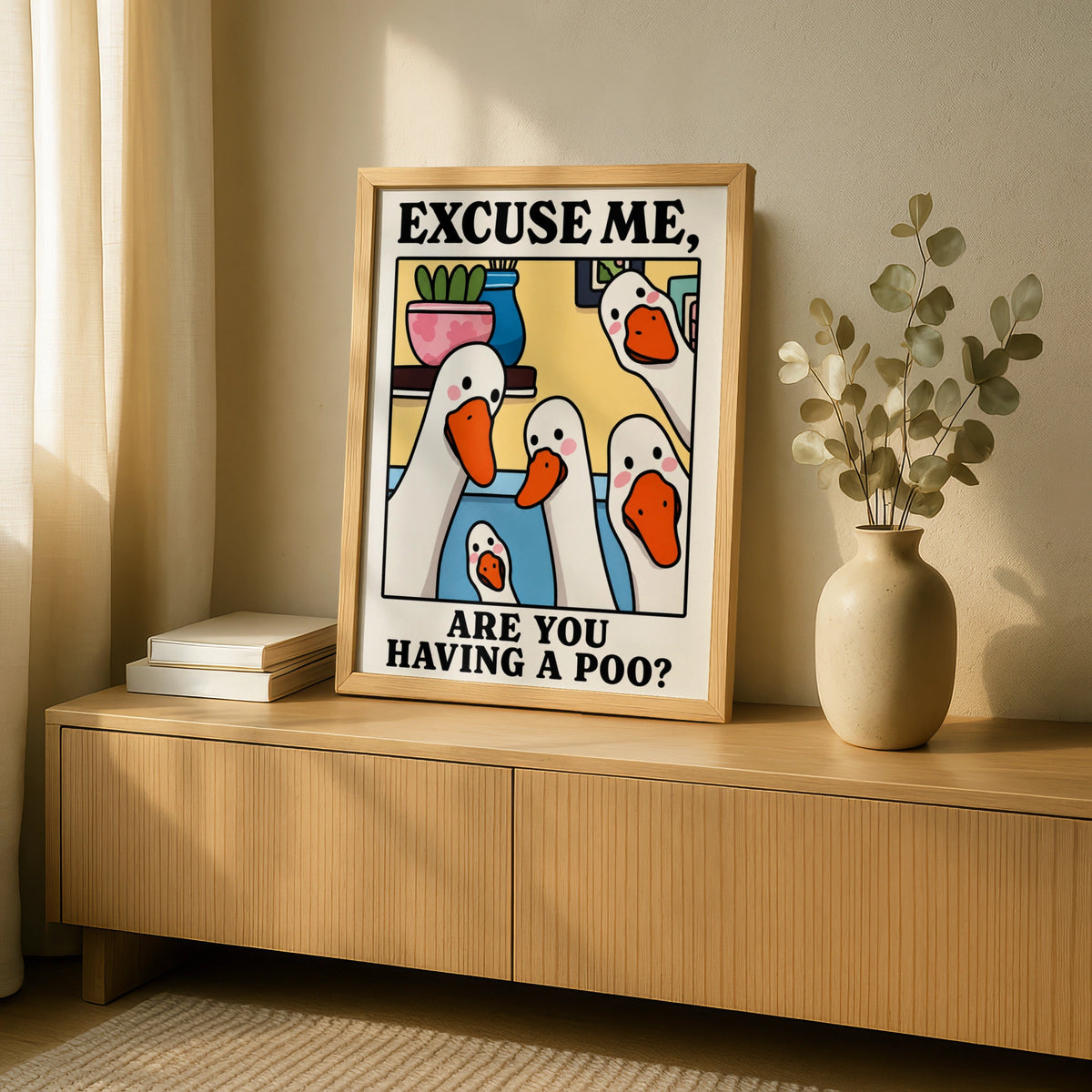Funny Duck Bathroom Poster, Excuse Me Are You Having A Poo, Toilet Wall Art Print