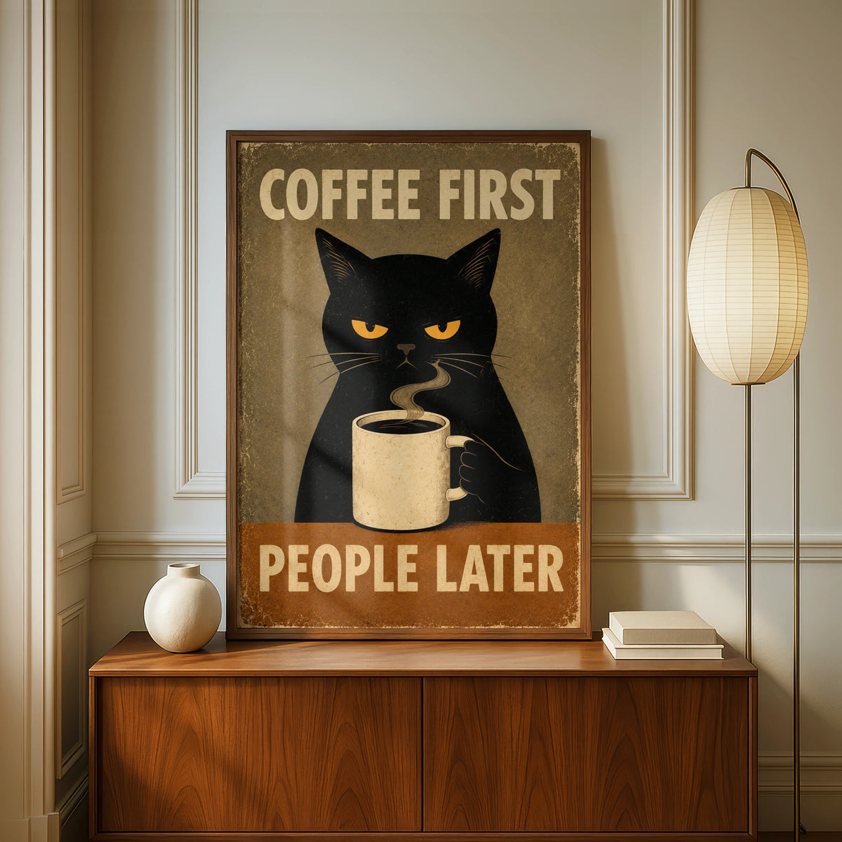 Coffee First People Later Poster, Grumpy Black Cat Retro Wall Art, Funny Kitchen Print