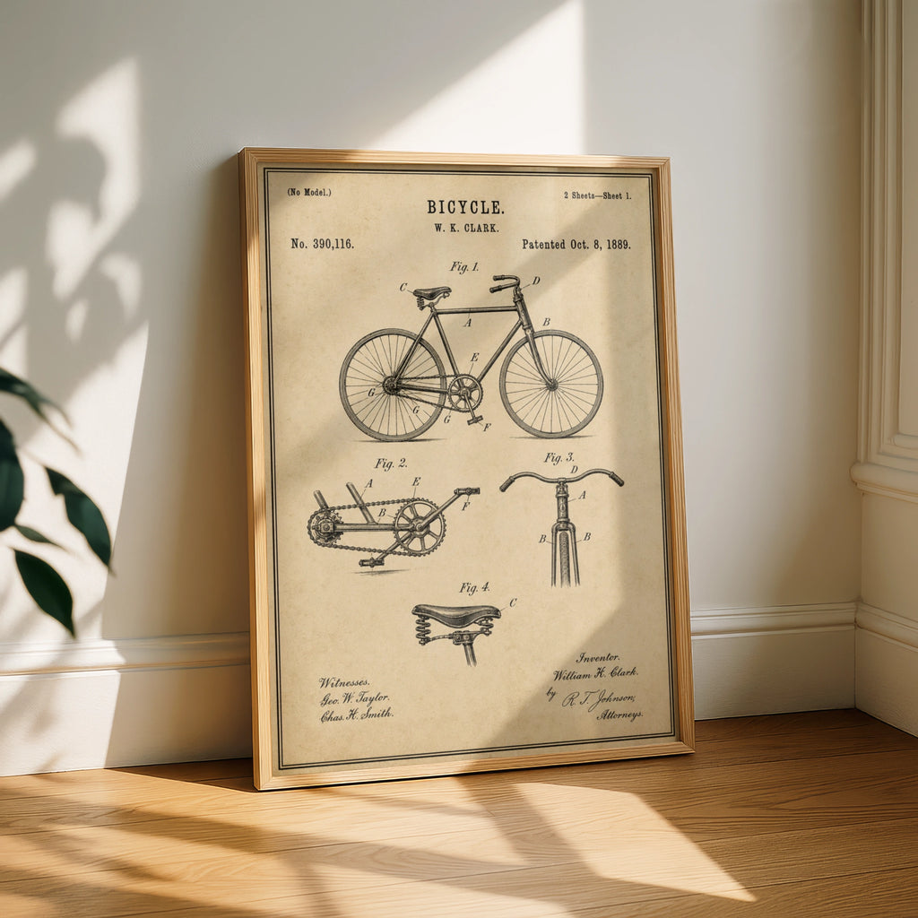 Vintage Bicycle Patent Print, 1889 Antique Bike Diagram, Cycling Wall Art Poster