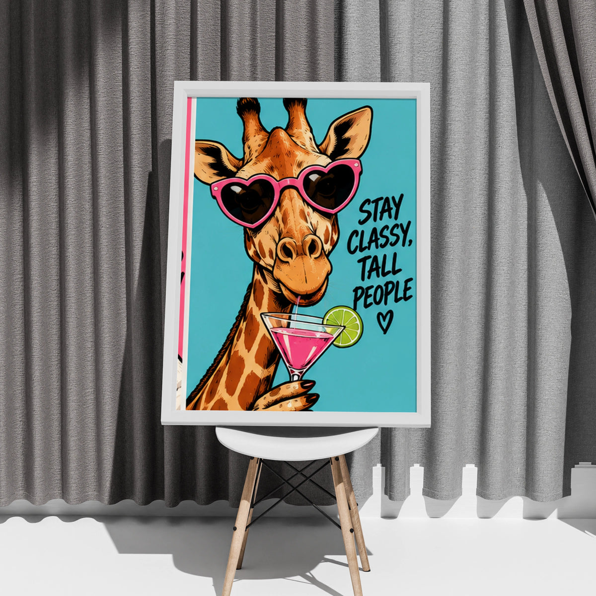 Stay Classy Tall People Giraffe Poster, Funny Animal Wall Art, Pink Cocktail Print