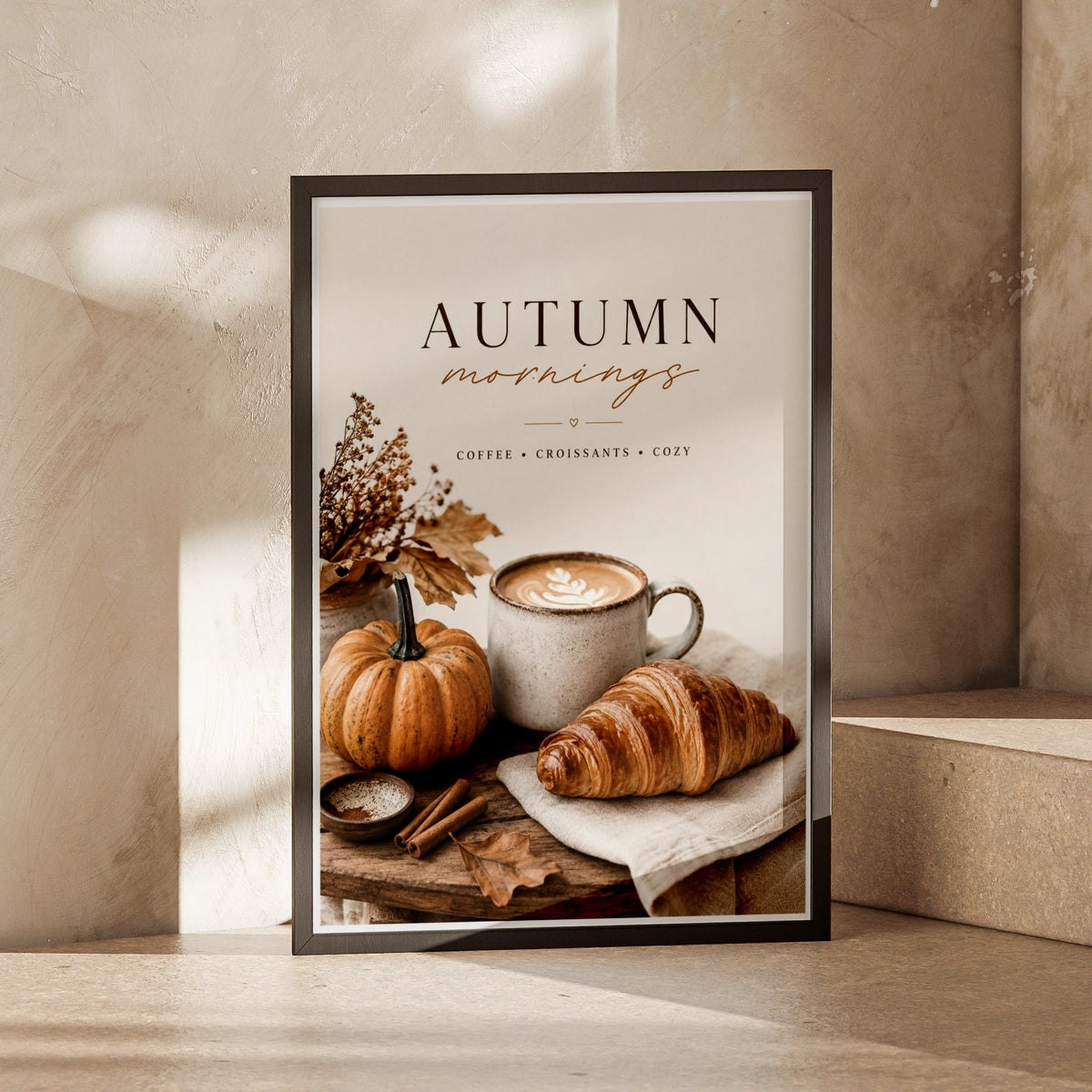 Autumn Mornings Coffee Poster, Cosy Fall Kitchen Wall Art, Pumpkin Croissant Print