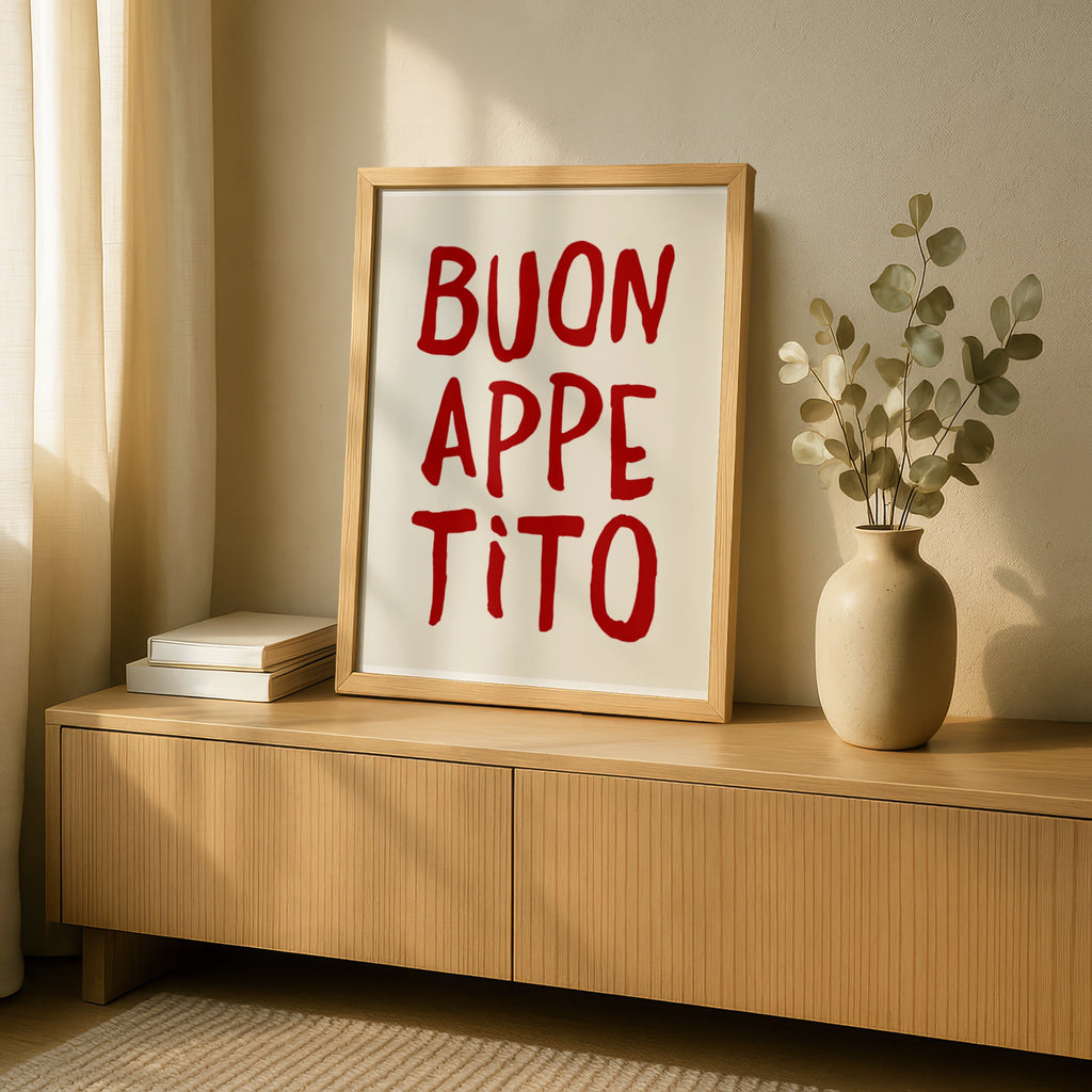 Buon Appetito Poster, Italian Kitchen Wall Art, Red Cream Typography Print