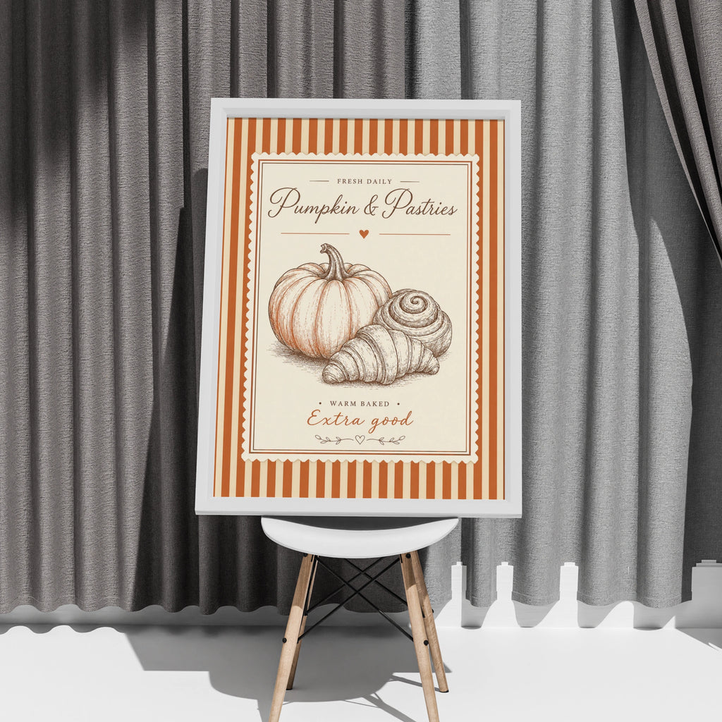 Pumpkin Pastries Vintage Bakery Poster, Autumn Kitchen Wall Art, Retro Food Print