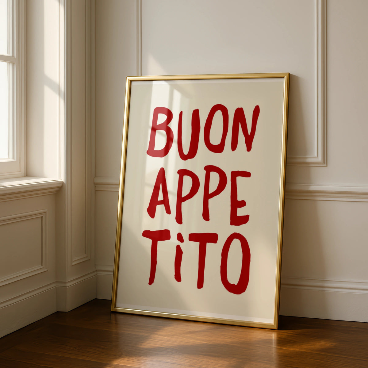 Buon Appetito Poster, Italian Kitchen Wall Art, Red Cream Typography Print