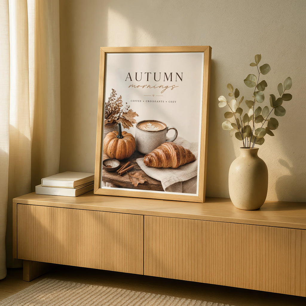 Autumn Mornings Coffee Poster, Cosy Fall Kitchen Wall Art, Pumpkin Croissant Print