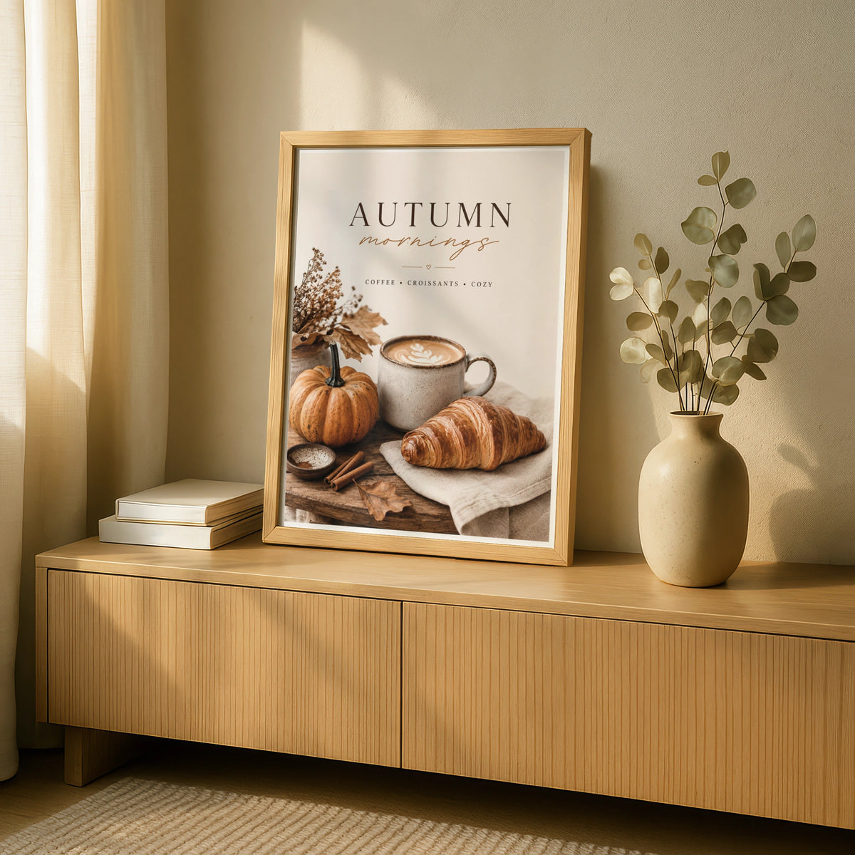 Autumn Mornings Coffee Poster, Cosy Fall Kitchen Wall Art, Pumpkin Croissant Print