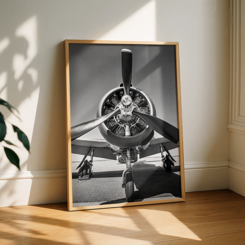 Vintage Propeller Aeroplane Black White Poster, Radial Engine Aircraft Wall Art Print