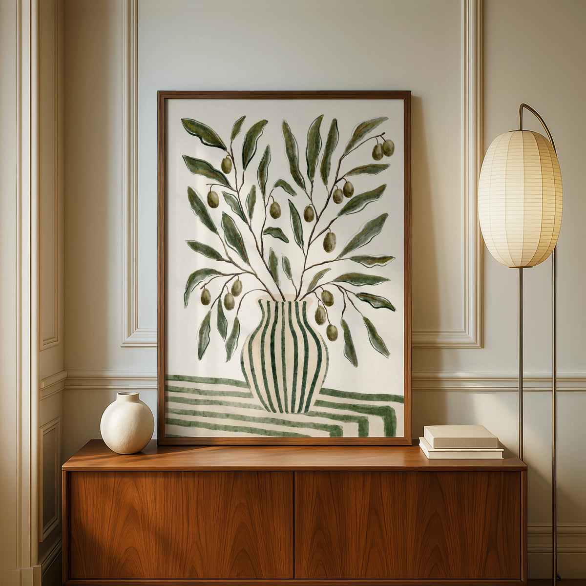 Olive Branch Pot Print, Watercolour Botanical Wall Art, Green Striped Vase Poster