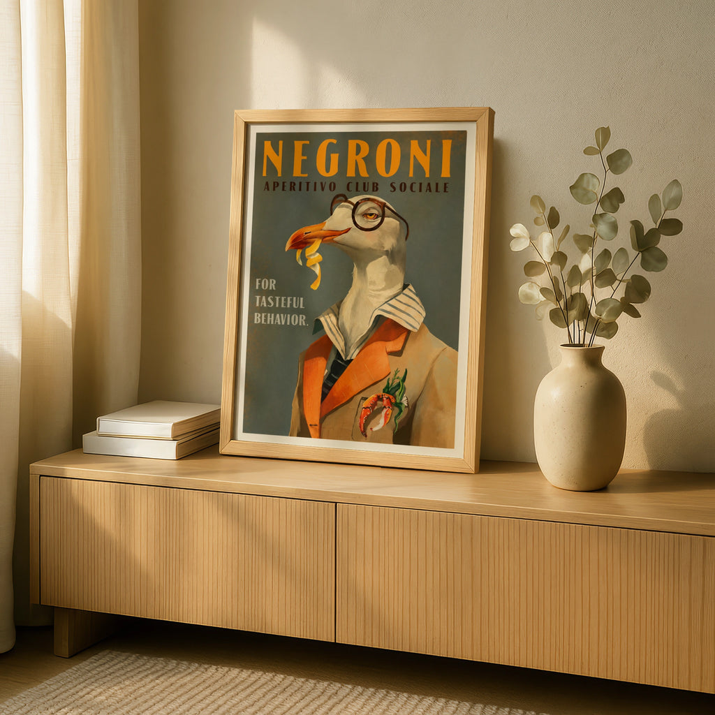 Negroni Aperitivo Seagull Poster, Vintage Cocktail Bar Wall Art, Retro Italian Print