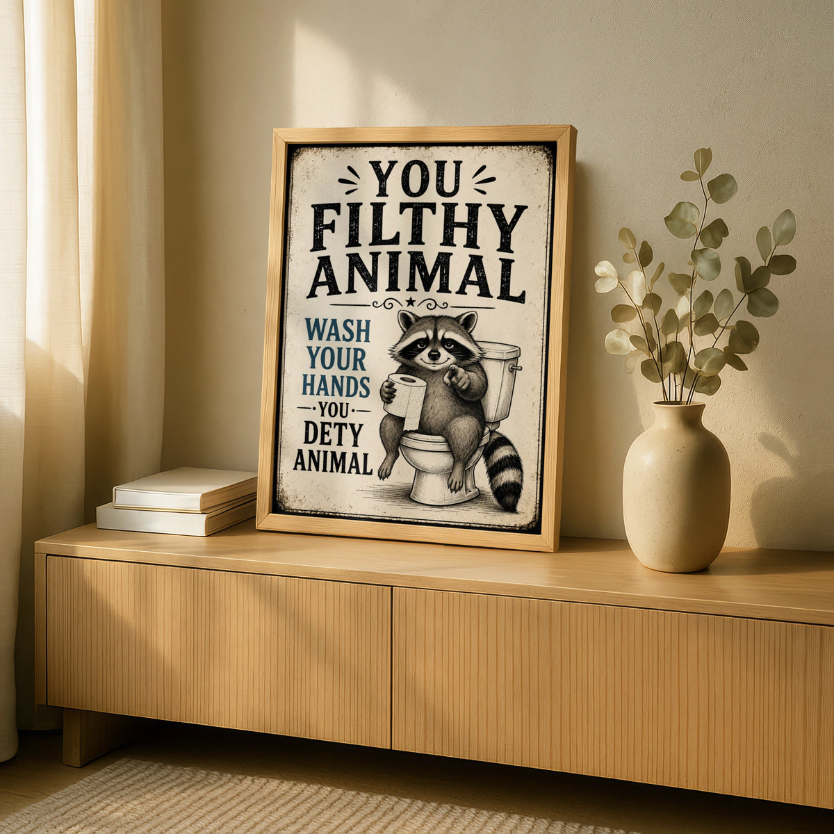 Funny Raccoon Bathroom Poster, Wash Your Hands Sign, Vintage Toilet Wall Art
