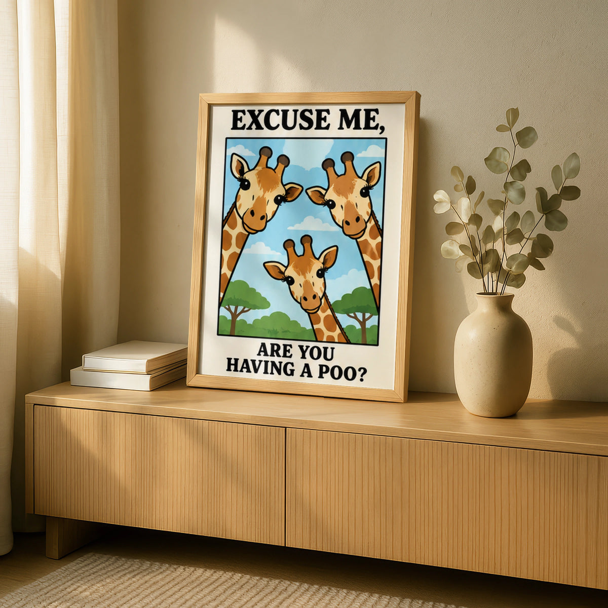 Funny Giraffe Bathroom Poster, Excuse Me Are You Having A Poo, Toilet Wall Art