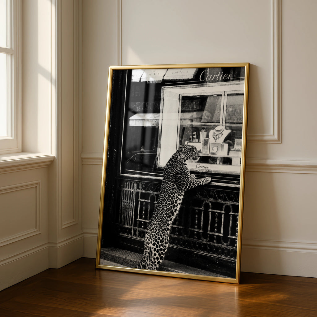 Leopard Cartier Window Poster, Black White Luxury Fashion Wall Art Print