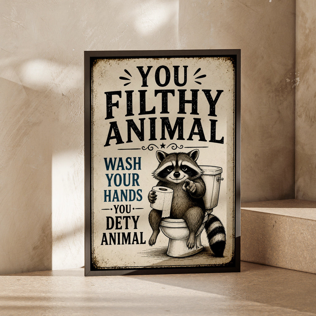 Funny Raccoon Bathroom Poster, Wash Your Hands Sign, Vintage Toilet Wall Art