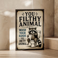 Funny Raccoon Bathroom Poster, Wash Your Hands Sign, Vintage Toilet Wall Art