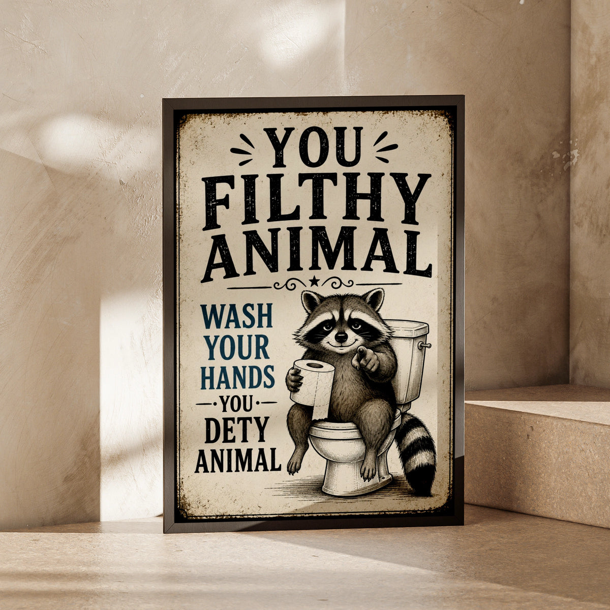 Funny Raccoon Bathroom Poster, Wash Your Hands Sign, Vintage Toilet Wall Art