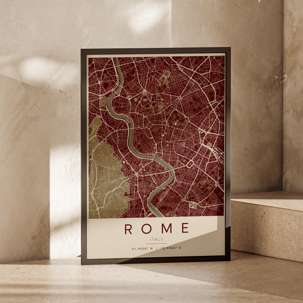Rome Italy Map Poster, City Street Map Print, Deep Red Minimalist Wall Art
