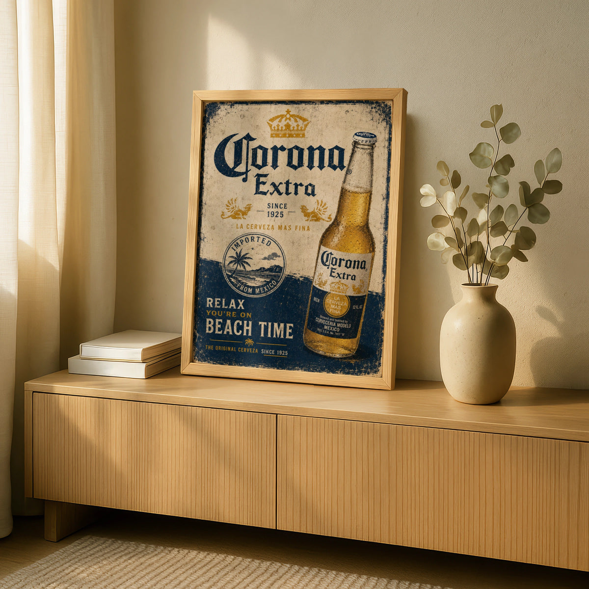 Corona Extra Vintage Beer Poster, Retro Bar Wall Art, Beach Time Mexican Cerveza Print