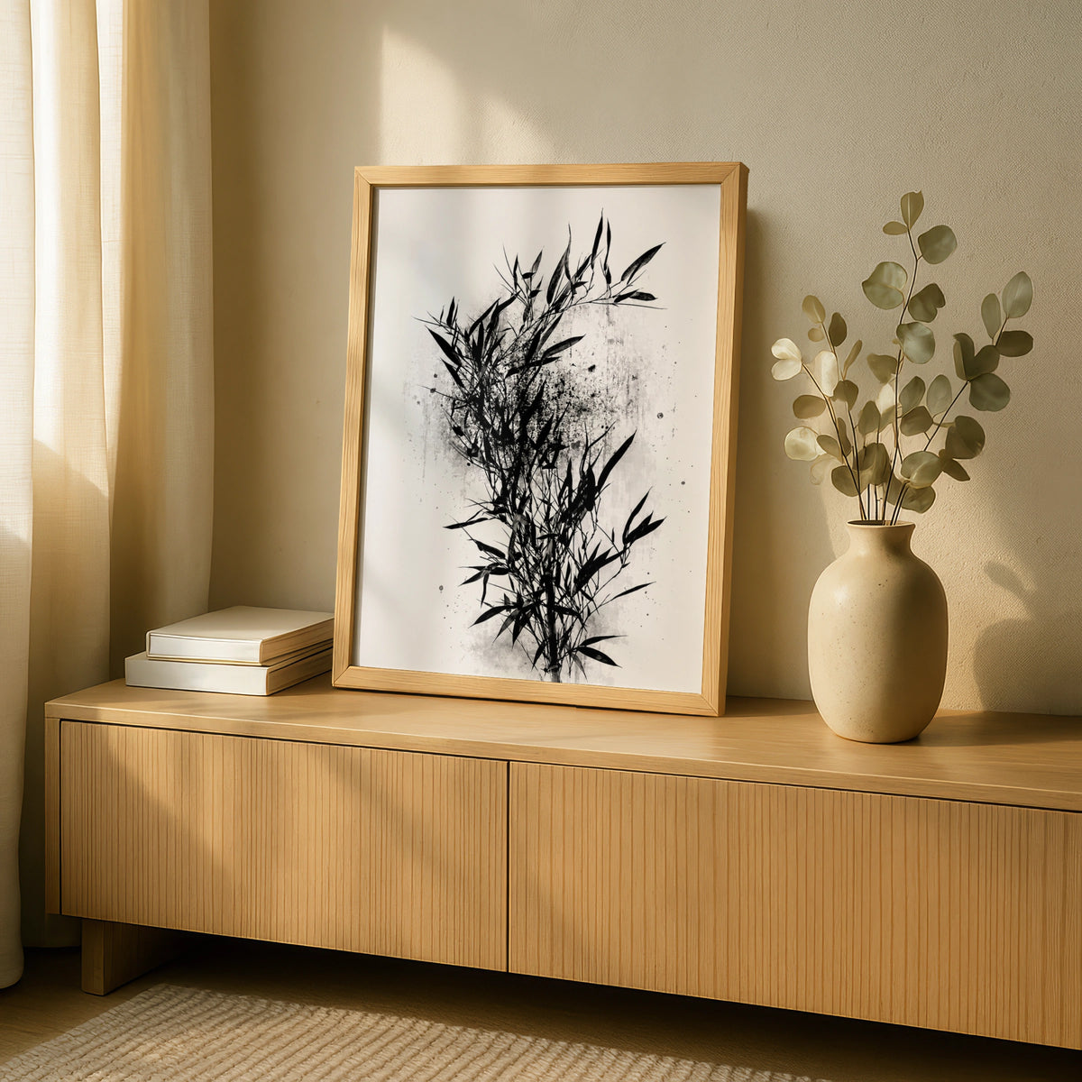 Bamboo Ink Wash Poster, Black White Japanese Botanical Wall Art Print, Zen Decor