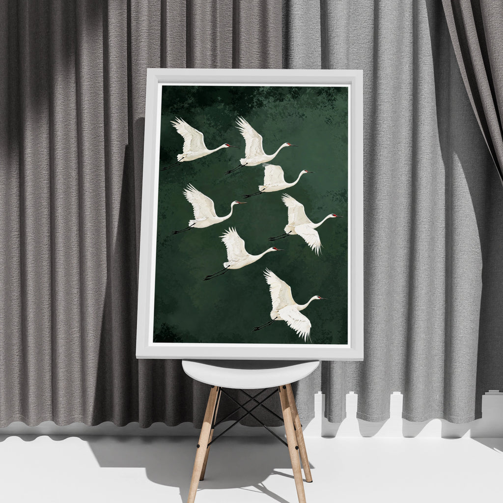 Flying Cranes Poster, White Crane Flock Wall Art, Dark Green Bird Print, Nature Wildlife Decor