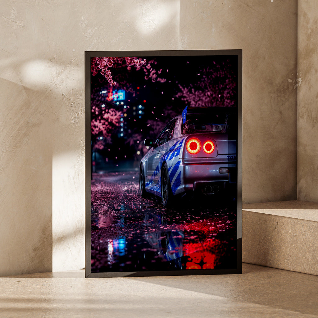 Nissan Skyline R34 GTR Cherry Blossom Poster, JDM Car Wall Art, Night Tokyo Print