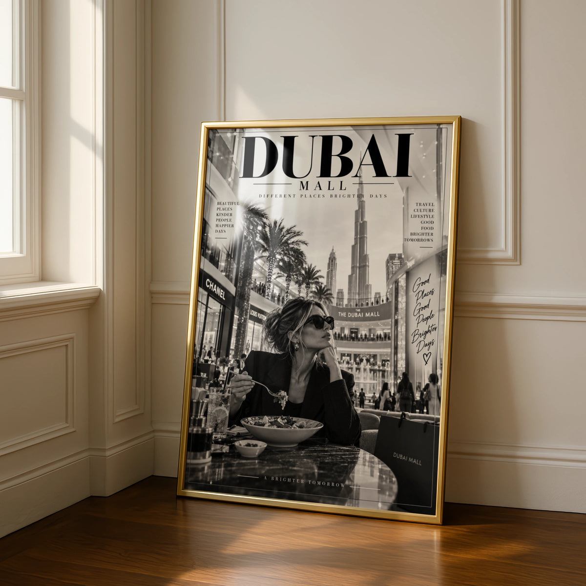 Dubai Mall Magazine Style Poster, Black White Travel Wall Art, Burj Khalifa Print