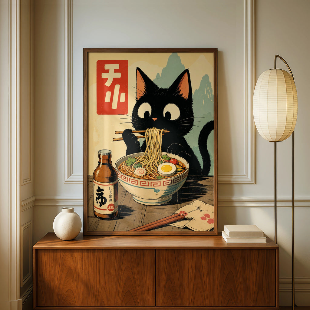 Black Cat Eating Ramen Poster, Japanese Style Wall Art, Cute Cat Noodle Print