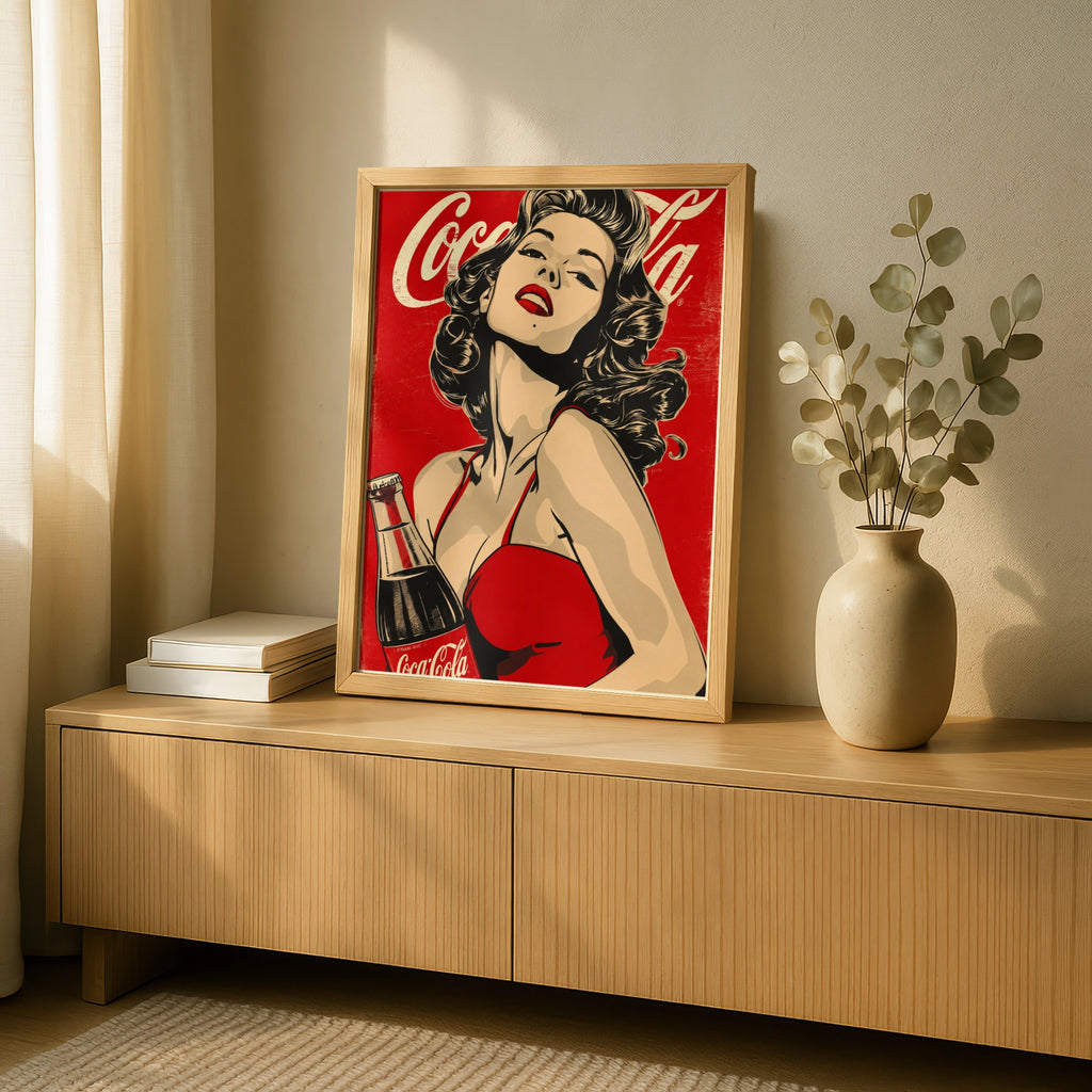 Retro Pin-Up Girl Poster, Vintage Cola Ad Style Wall Art, Red Pop Art Print