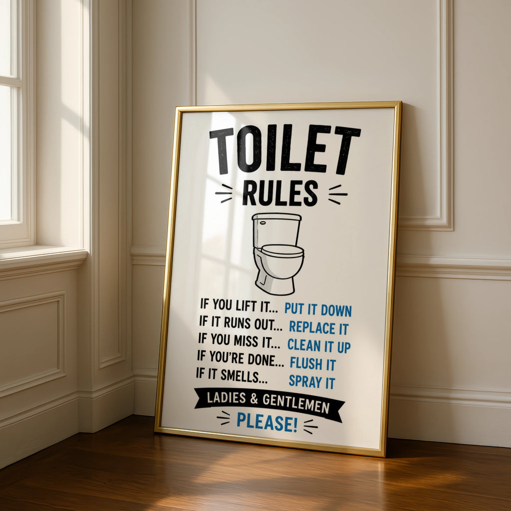 Toilet Rules Funny Bathroom Poster, Humorous Loo Wall Art, Black Blue Home Print