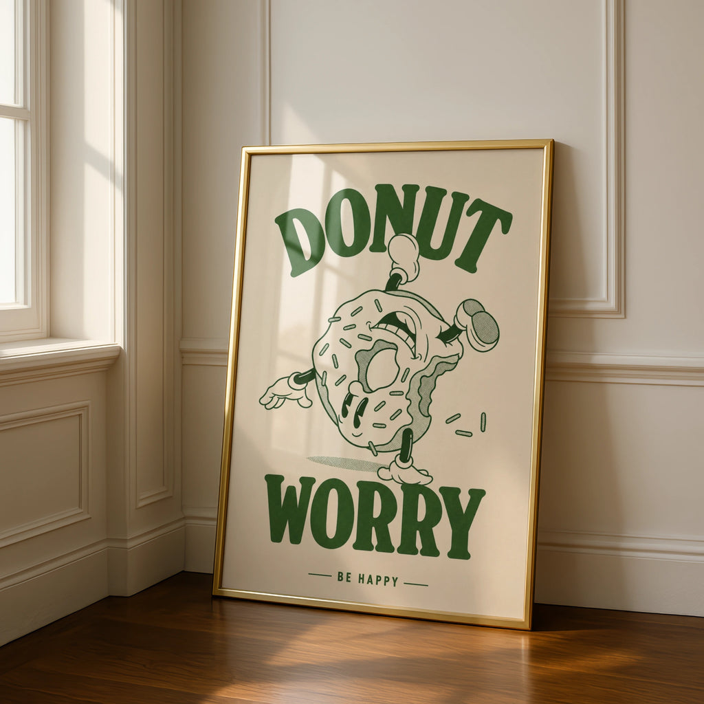 Donut Worry Be Happy Poster, Retro Green Cartoon Wall Art, Funny Kitchen Print
