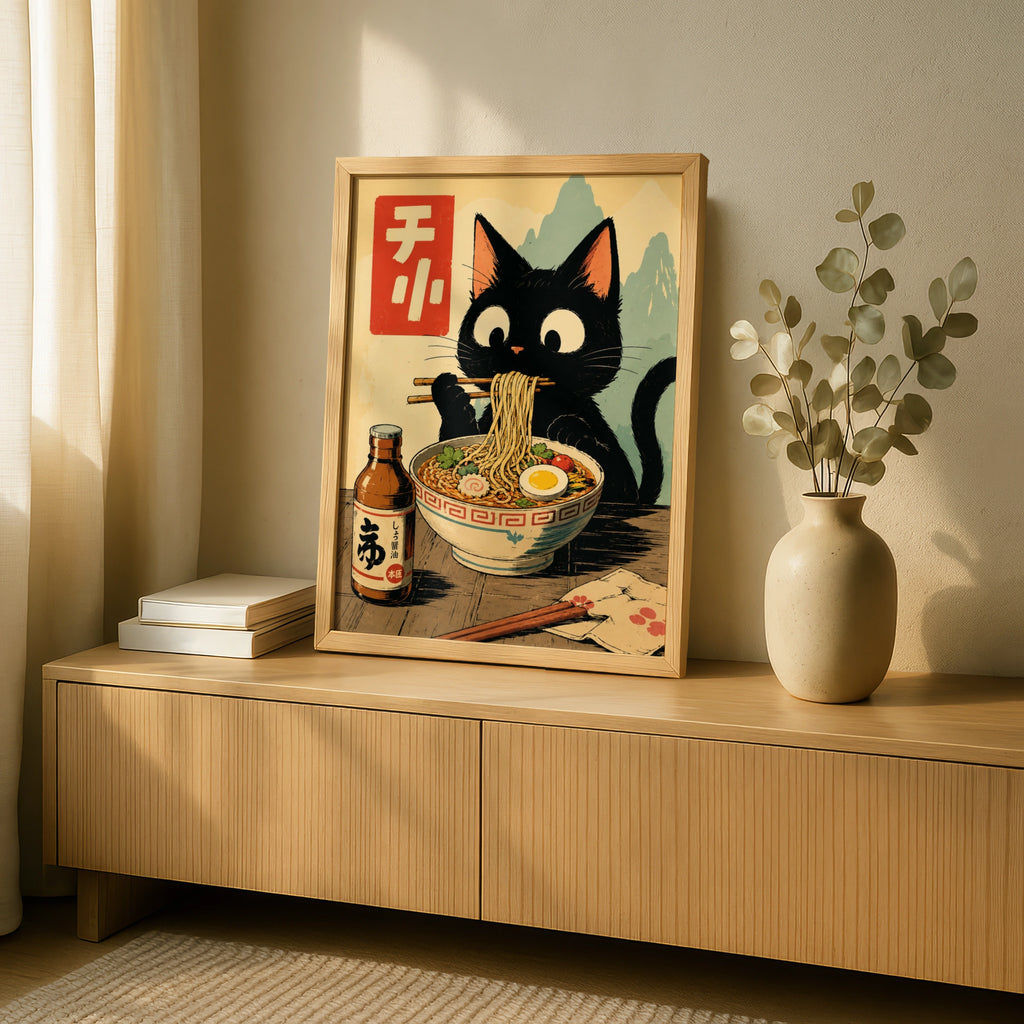 Black Cat Eating Ramen Poster, Japanese Style Wall Art, Cute Cat Noodle Print