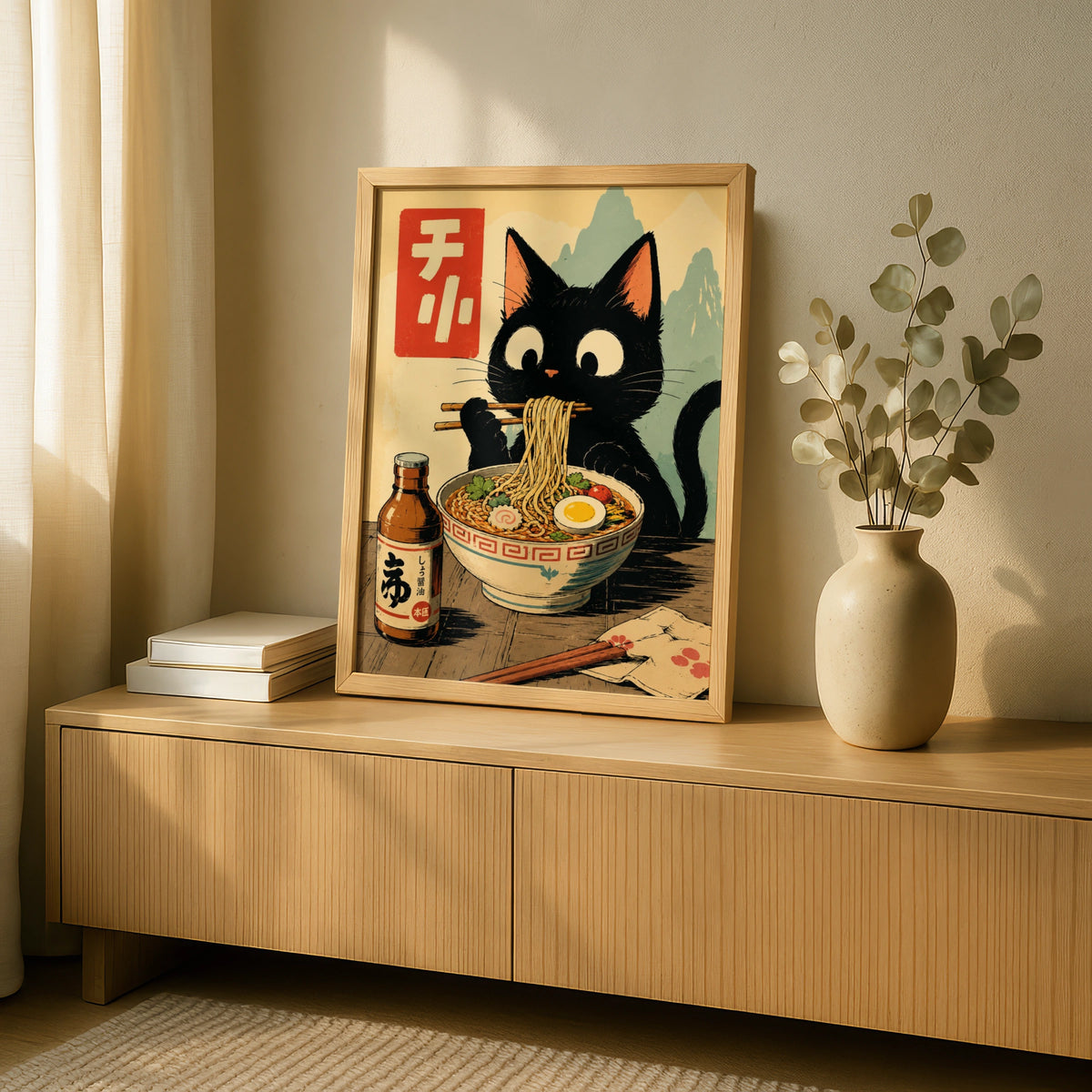 Black Cat Eating Ramen Poster, Japanese Style Wall Art, Cute Cat Noodle Print