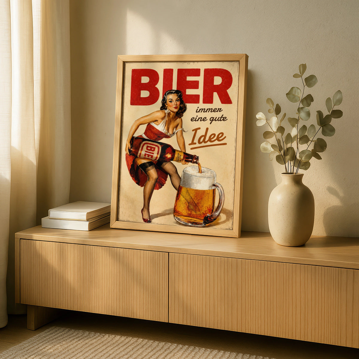 Retro Beer Pin Up Poster, Vintage German Bier Wall Art, Bar Pub Man Cave Decor