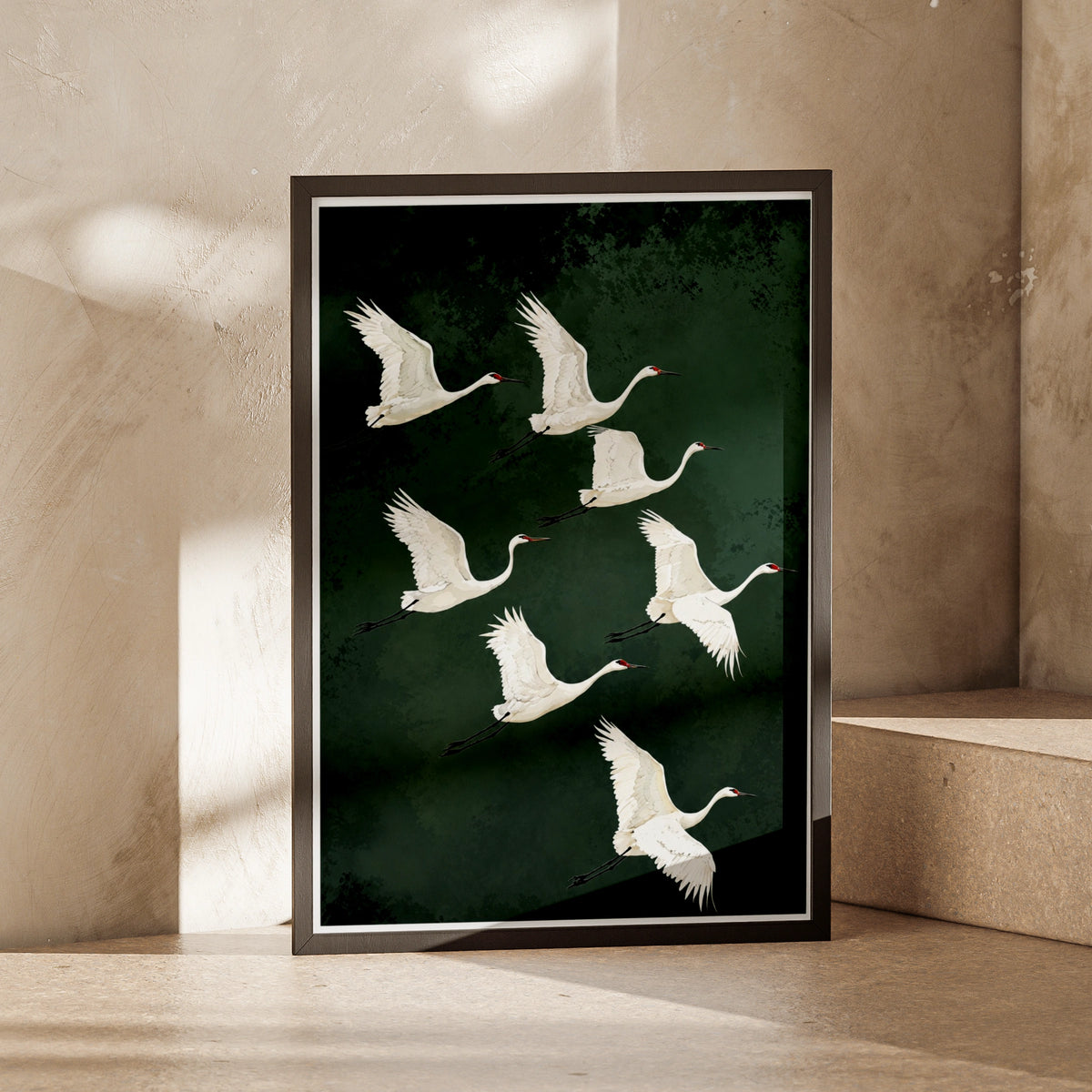 Flying Cranes Poster, White Crane Flock Wall Art, Dark Green Bird Print, Nature Wildlife Decor