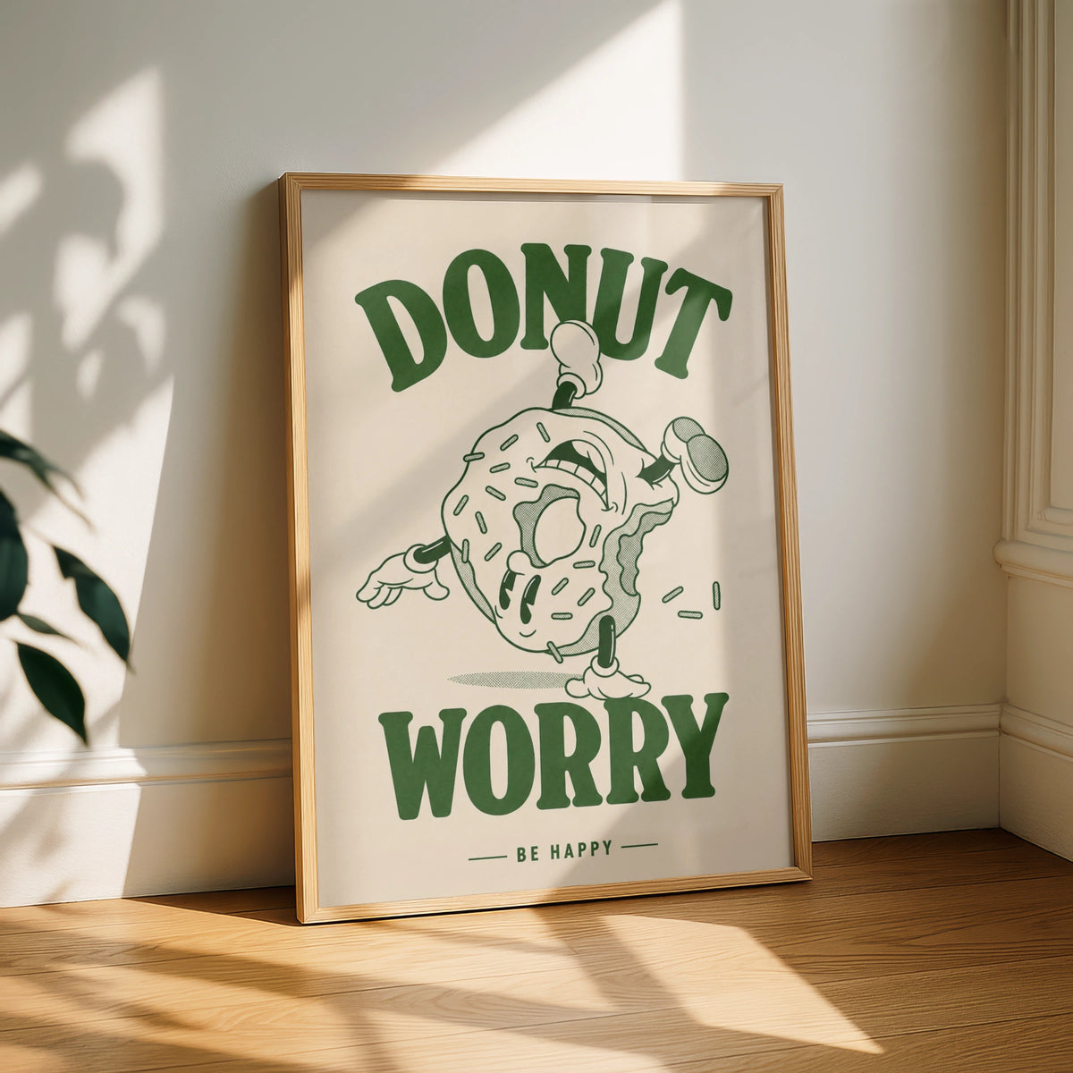 Donut Worry Be Happy Poster, Retro Green Cartoon Wall Art, Funny Kitchen Print