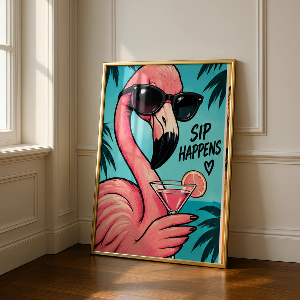 Sip Happens Flamingo Poster, Funny Cocktail Wall Art, Pink Tropical Bar Print