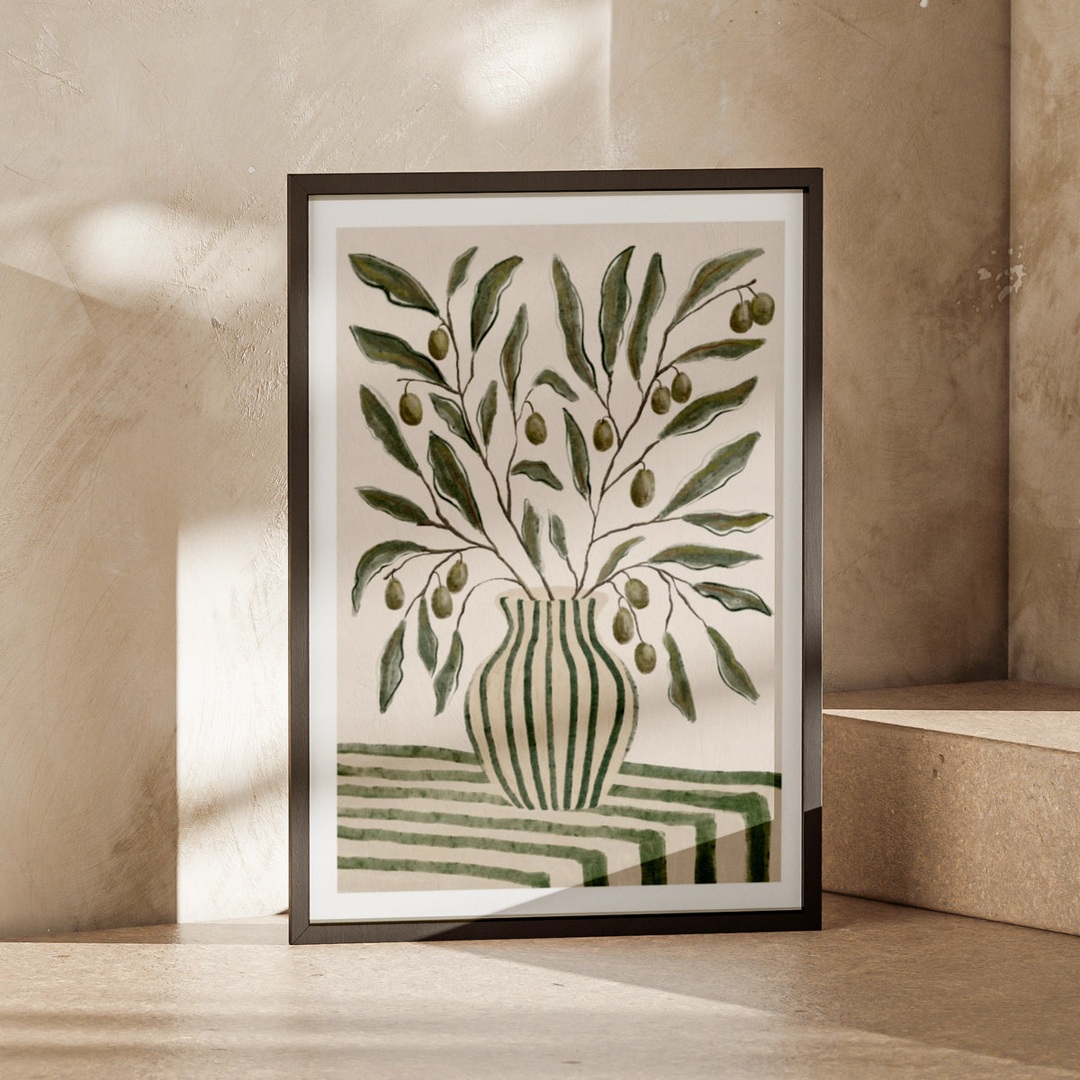 Olive Branch Vase Print, Botanical Wall Art, Watercolour Striped Pot, Green Neutral Kitchen Poster
