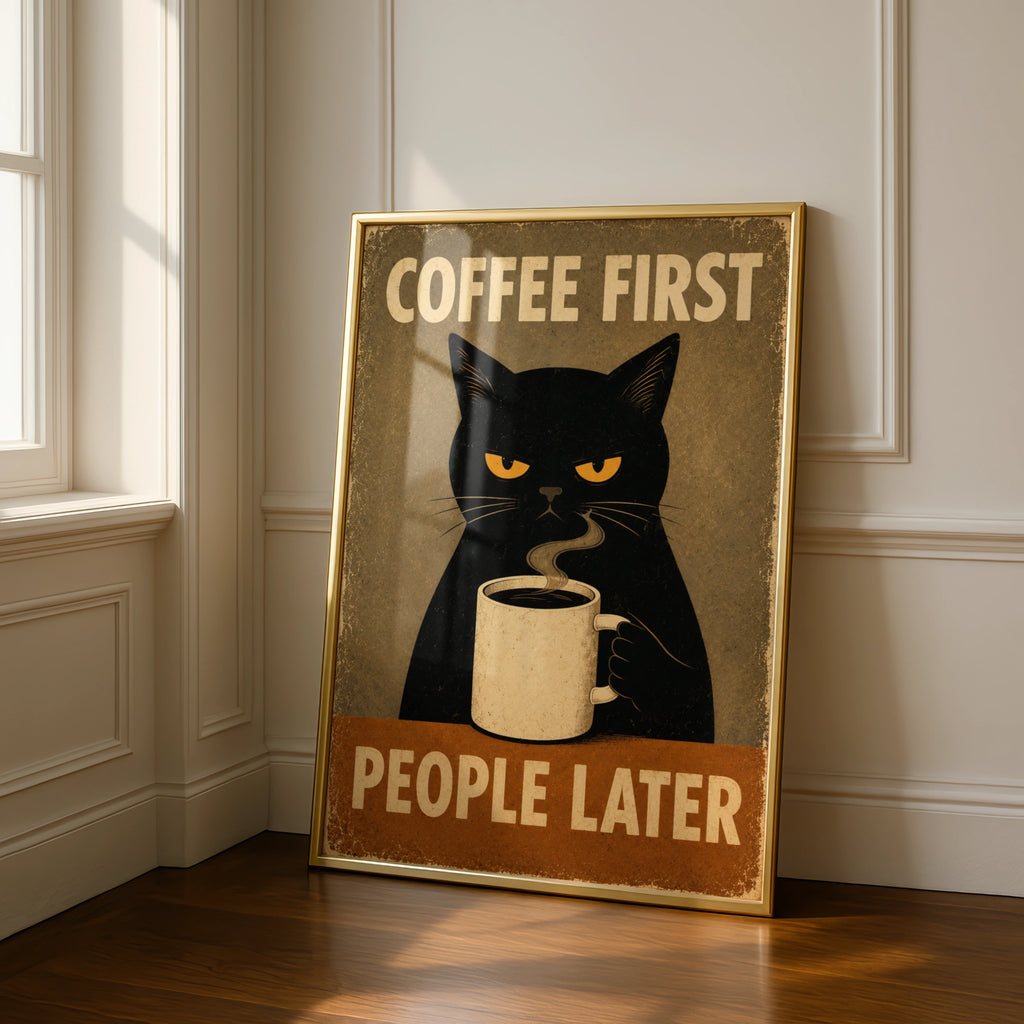 Coffee First People Later Poster, Grumpy Black Cat Retro Wall Art, Funny Kitchen Print
