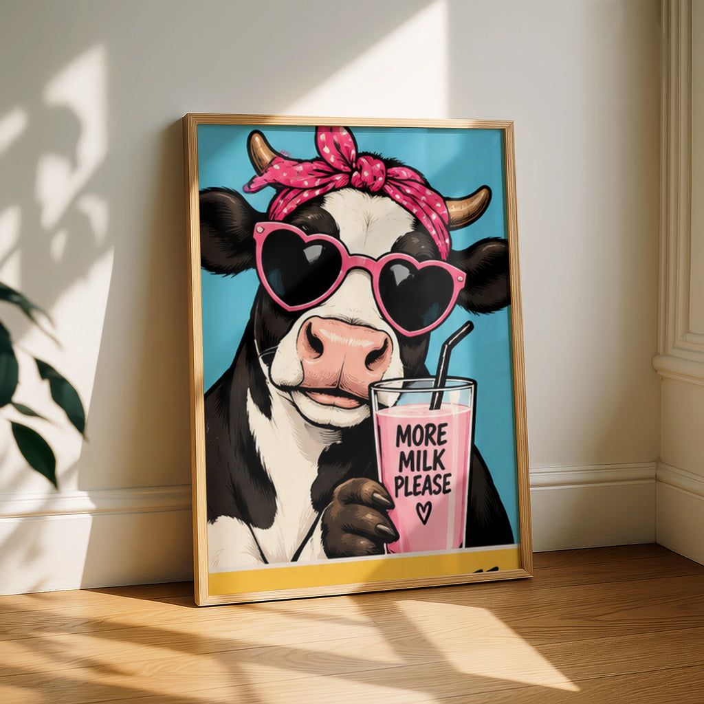 Funny Cow Poster, More Milk Please Print, Cute Kitchen Wall Art, Pop Art Decor