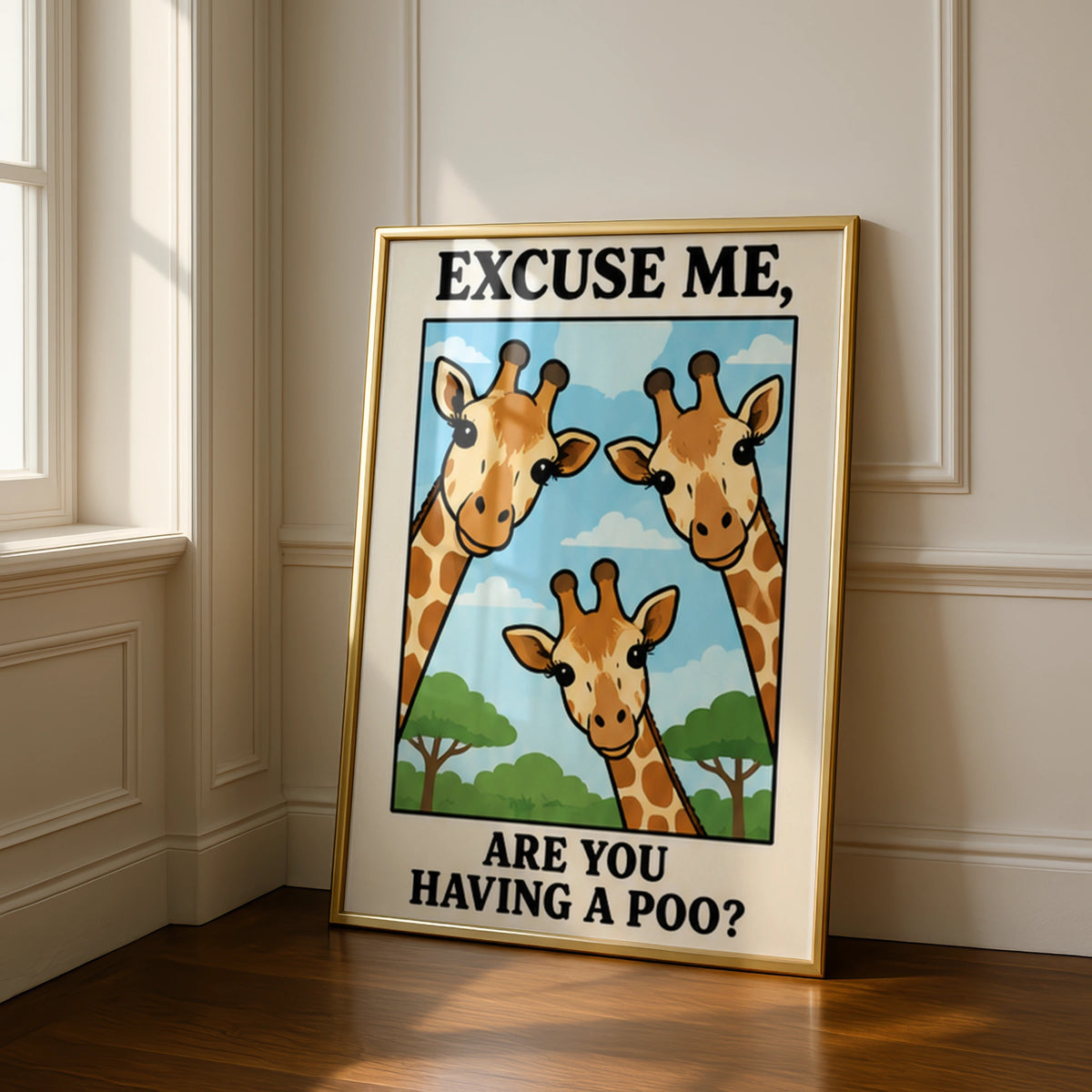 Funny Giraffe Bathroom Poster, Excuse Me Are You Having A Poo, Toilet Wall Art