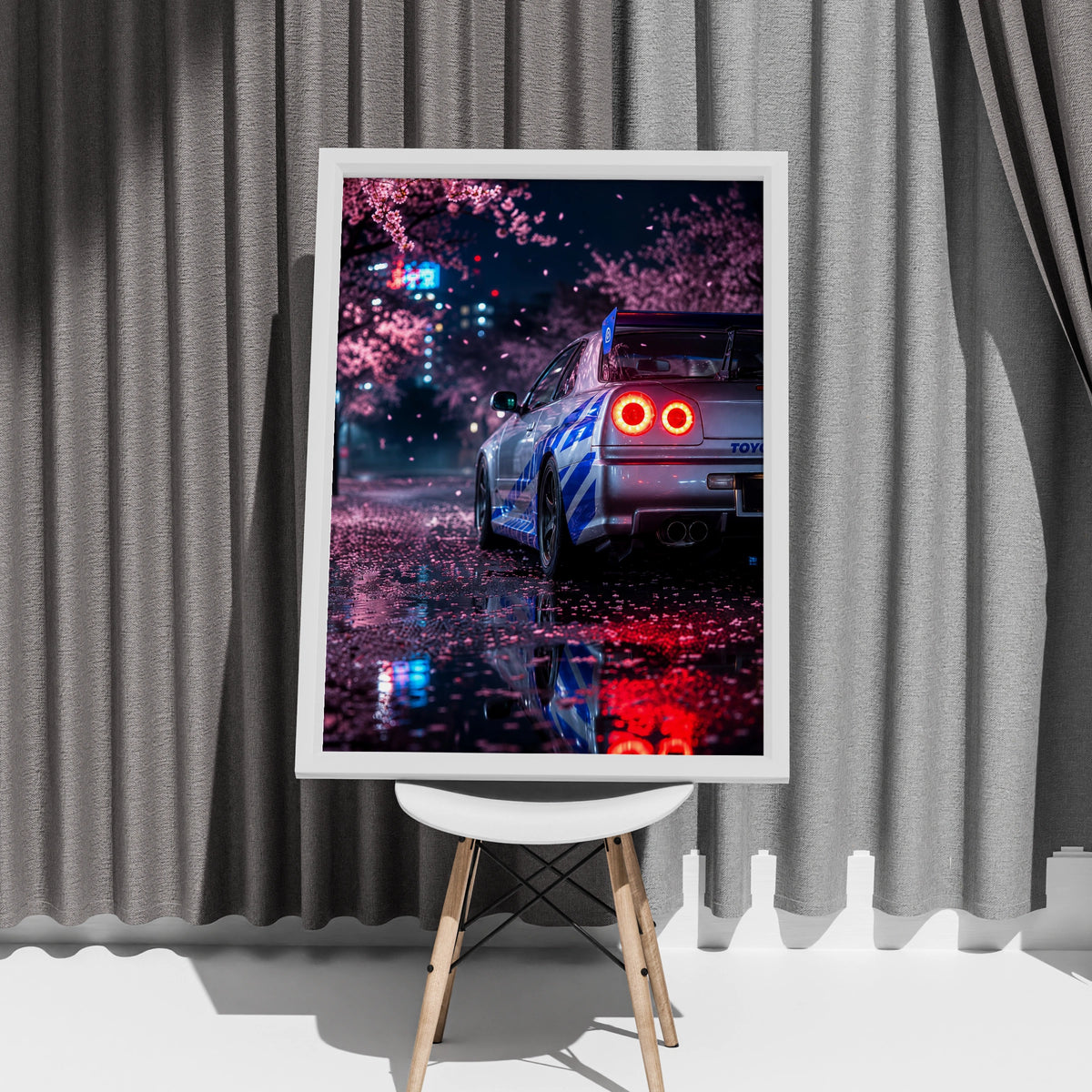 Nissan Skyline R34 GTR Cherry Blossom Poster, JDM Car Wall Art, Night Tokyo Print