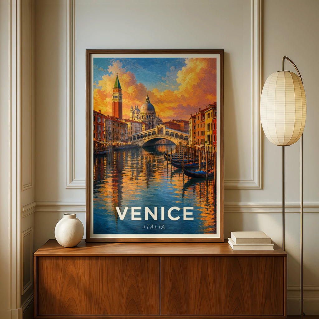 Venice Italy Travel Poster, Grand Canal Wall Art, Rialto Bridge Print, Italian City Decor