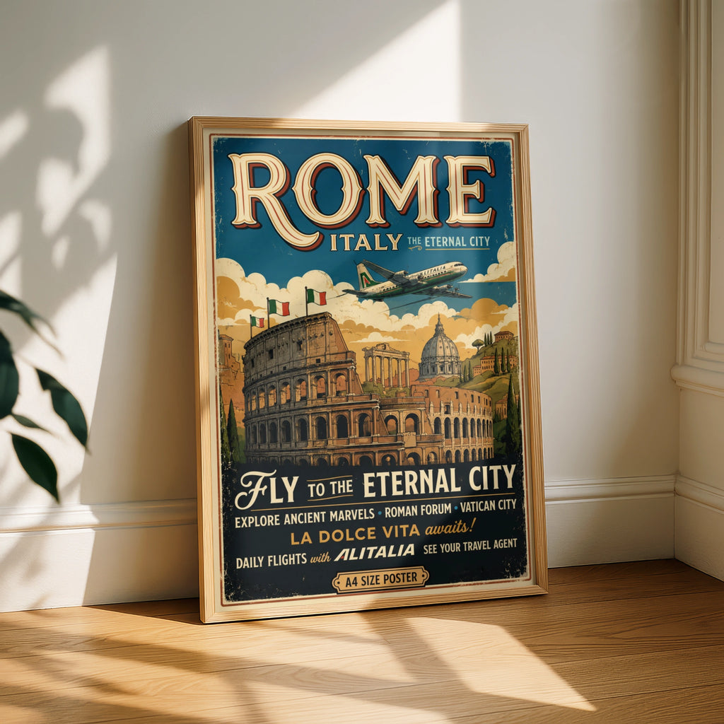 Rome Italy Vintage Travel Poster, Retro Colosseum Wall Art, Italian Print