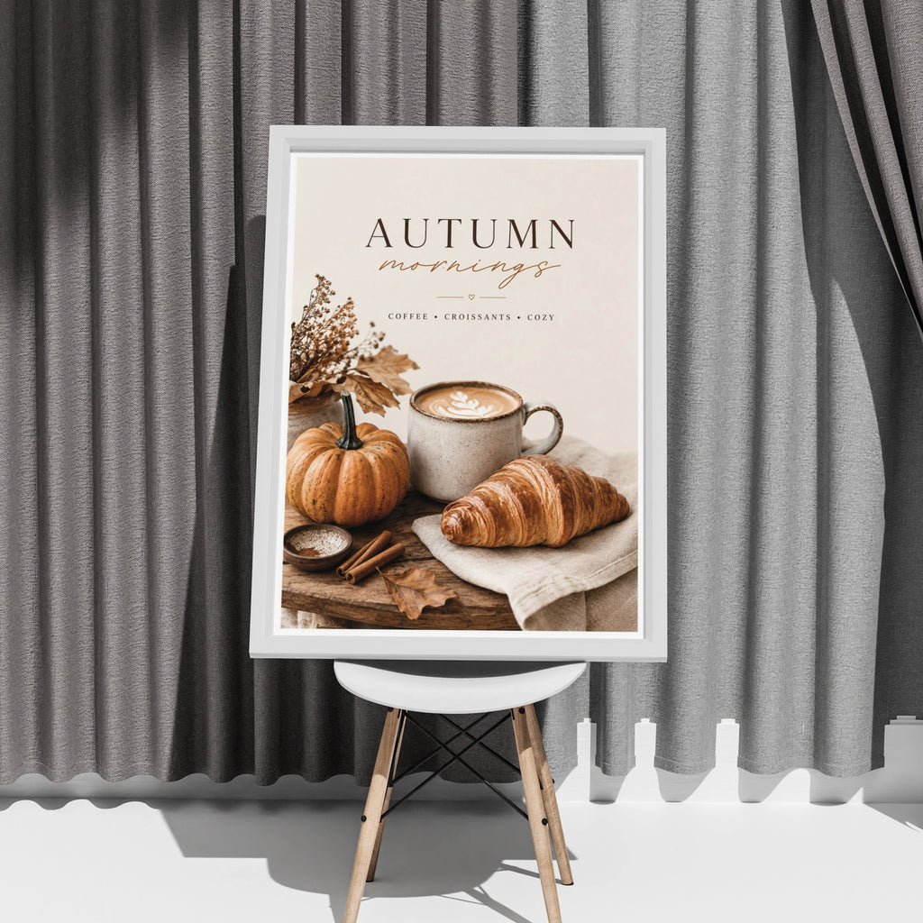 Autumn Mornings Coffee Poster, Cosy Fall Kitchen Wall Art, Pumpkin Croissant Print
