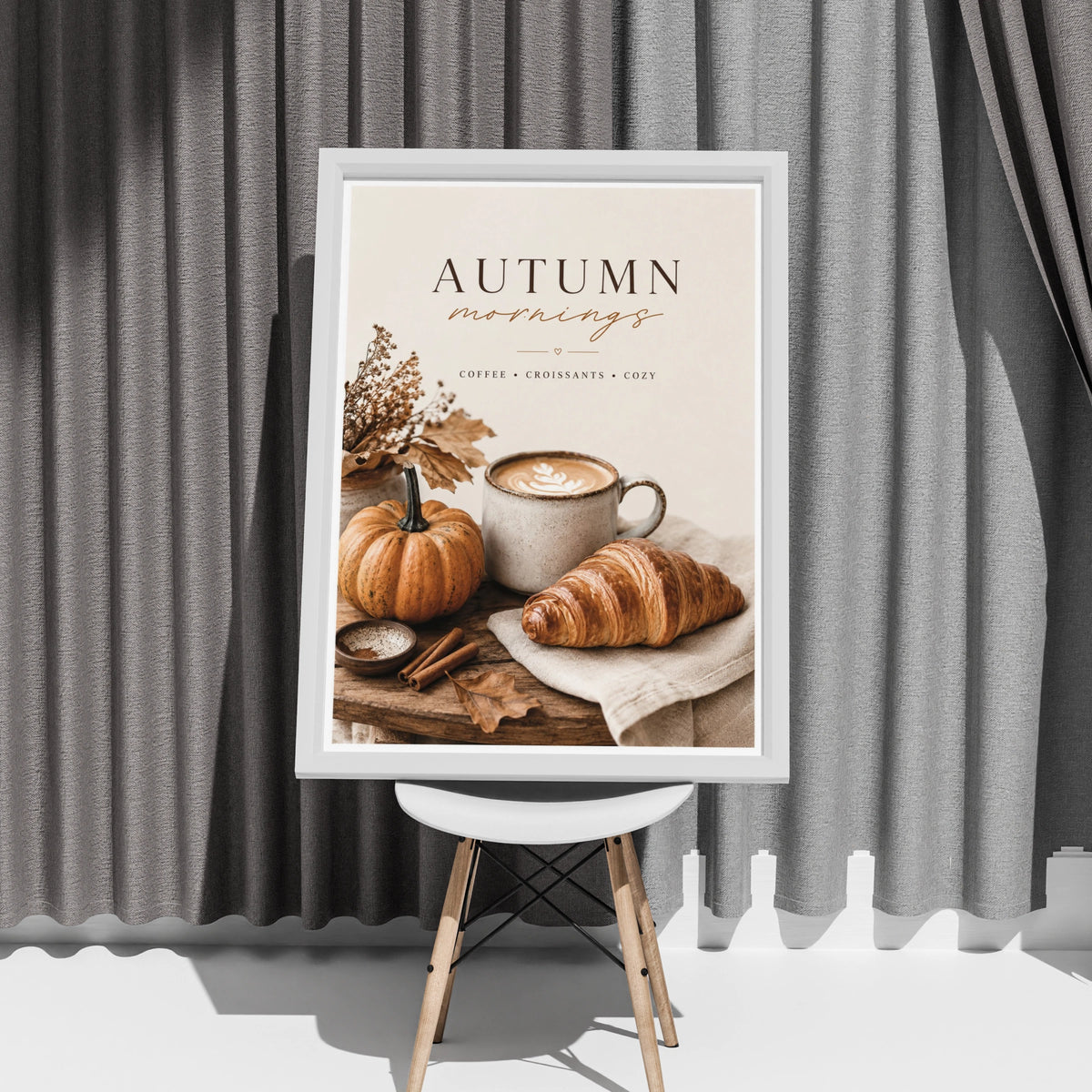Autumn Mornings Coffee Poster, Cosy Fall Kitchen Wall Art, Pumpkin Croissant Print