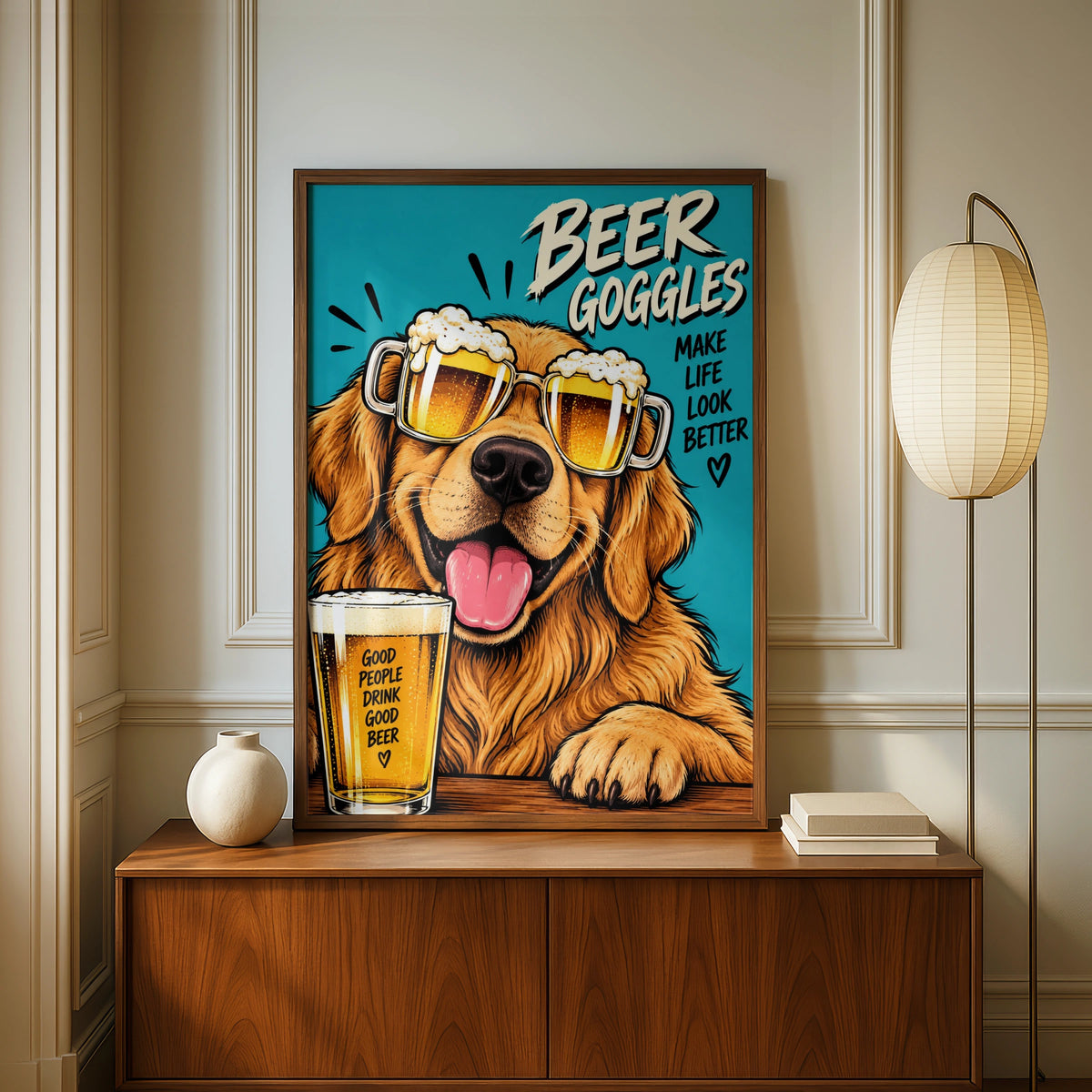 Beer Goggles Golden Retriever Poster, Funny Dog Beer Wall Art, Man Cave Print
